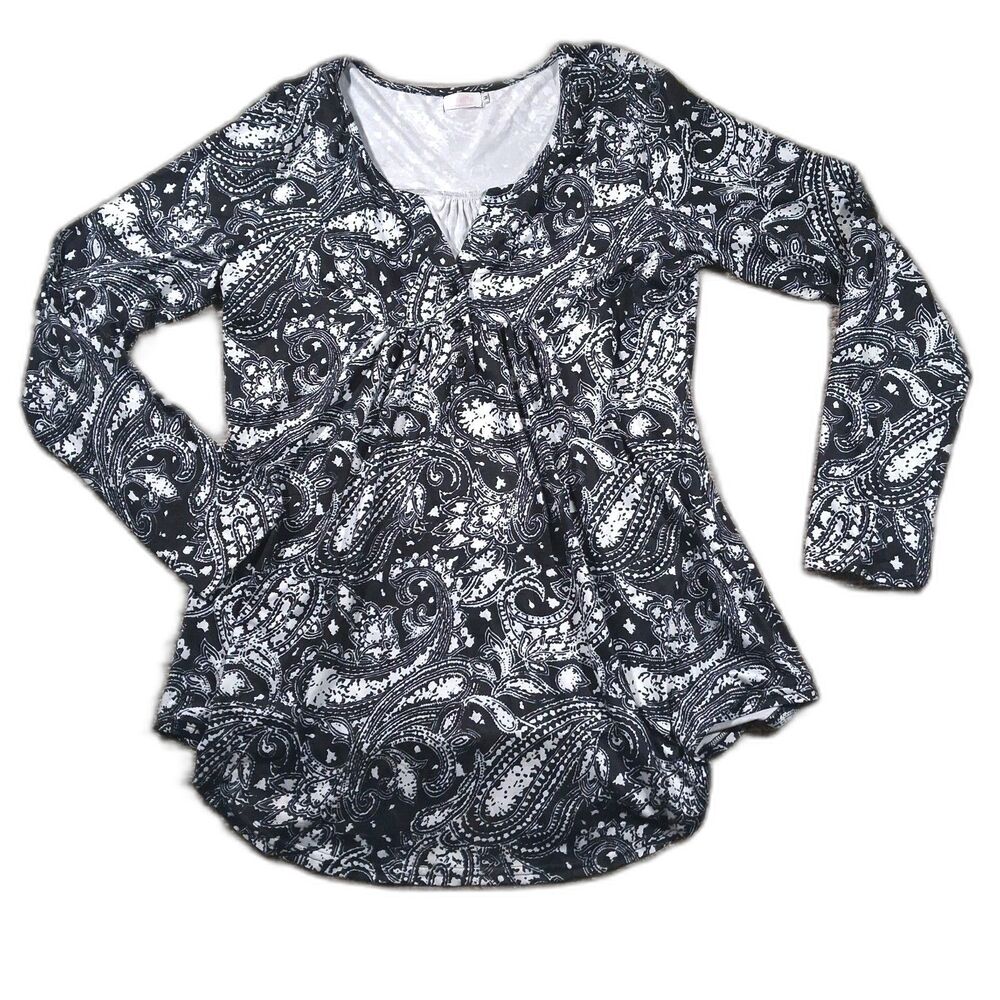 ​HALIFE PAISLEY BOHO BLOUSE BLACK WHITE LONG SLEEVE V-NECK PLEATED TUNIC TOP M